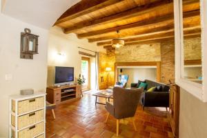 ein Wohnzimmer mit Sofa und Fernseher in der Unterkunft La bichonelle - marronnier pour 2 in Saint-Crépin-et-Carlucet