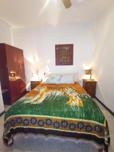 a bedroom with a bed with a tiger bedspread at Residencial Shalom in Cafayate +38 photos
