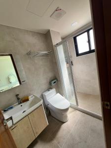 a bathroom with a toilet and a shower and a sink at 鹿港春天Spring B&B in Lugang +26 photos