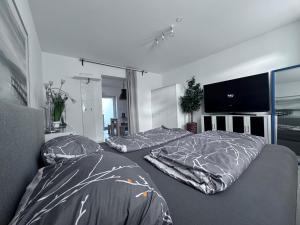 two beds in a room with a tv on the wall at Barrierefrei - 24Std-CHECK-IN kontaktlos - Kingsize Bed - W-LAN - Parkplatz W 3 in Bückeburg
