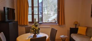 a living room with a table with a christmas tree on it at Le Porteur de Glace Classé 2 étoiles in Aulus-les-Bains
