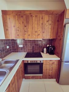a small kitchen with wooden cabinets and a sink at Bellavista Plaka Sea View Villa in Kambiá +21 photos