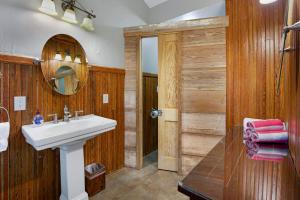 a bathroom with a sink and a mirror at Swing On Inn- Rockin Boots Cottage in Dripping Springs