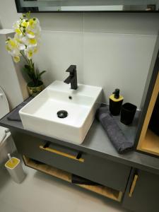 a bathroom with a white sink and flowers on a counter at Heaven Paradise in Baia Mare