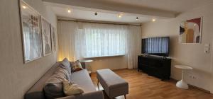 un salon avec un canapé et une télévision dans l'établissement Nordic Vintage Cottage - ComfyHome Apartments Stuttgart, à Stuttgart