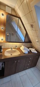 une salle de bain avec un lavabo et un miroir dans l'établissement Nordic Vintage Cottage - ComfyHome Apartments Stuttgart, à Stuttgart