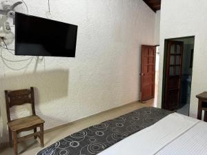 a bedroom with a bed and a tv on the wall at Hotel Campestre UMPALÁ in San Gil