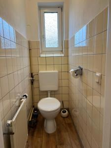 a small bathroom with a toilet and a window at Ferienhaus Denise Harz in Sankt Andreasberg +19 photos