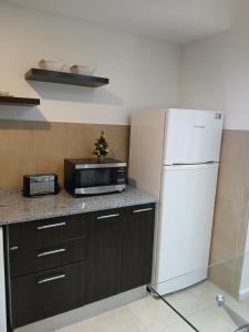 a kitchen with a white refrigerator and a microwave at Departamento Studio Plaza Río Grande - Tierra del Fuego in Río Grande +11 photos