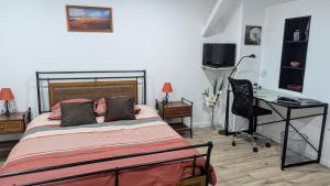 a bedroom with a bed and a desk and a computer at Domaine de la Griffe-maison mitoyenne Cou in La Roche-sur-Foron