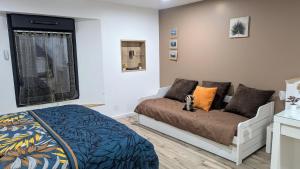 a bedroom with a bed and a couch at Domaine de la Griffe-maison mitoyenne Cou in La Roche-sur-Foron