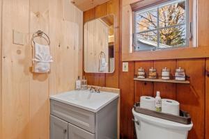 a bathroom with a sink and a toilet and a window at Modern Lux Cabin w Mtn Views and Fire Pit in Stratton +54 photos