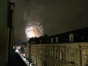 un fuego artificial en el cielo sobre una ciudad por la noche en Appartement Pont Neuf en Lille