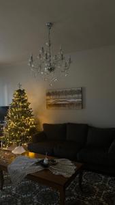 a living room with a christmas tree and a couch at The classic house in Sotíra +18 photos