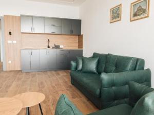 a living room with a green couch and a kitchen at Hayal Boutique in Bar