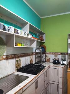 a kitchen with a stove and a green wall at Alojamiento & Místico in Ayacucho