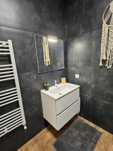 a bathroom with a white sink and a ladder at DoubleC in Galaţi