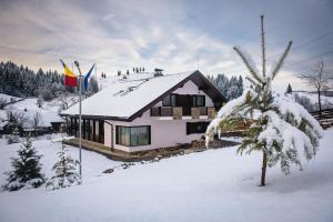 una casa en la nieve con una bandera en Casa De La Munte, en Mănăstirea Humorului