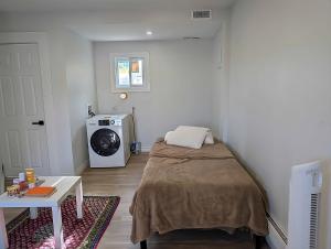 une petite chambre avec un lit et une machine à laver dans l'établissement Luxury Studio located in downtown windsor for short term stay, à Windsor