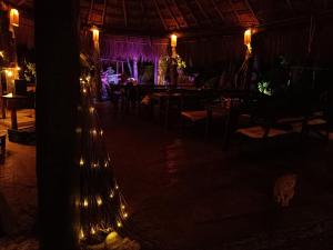 a room with a bar with lights on the floor at Cabaña Zapote en Rancho Los Jaguares Jungle Retreat Tulum in Tulum