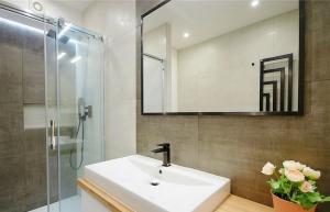 a bathroom with a sink and a mirror at Adrian Apartament in Herăstrău