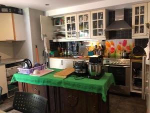 a kitchen with a counter with a green counter top at Комната в квартире, 20 минут от центра Осло на общественном транспорте in Grorud