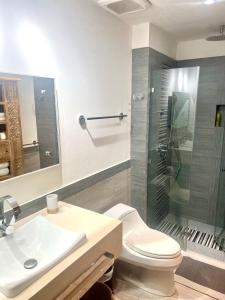 a bathroom with a toilet and a sink and a shower at Very luxury Waterfront apartment at Las Brisas in Koolbaai
