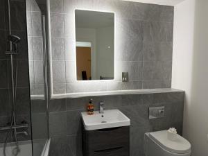 a bathroom with a sink and a mirror and a toilet at Modern - City Centre - 2BR APT in Belfast