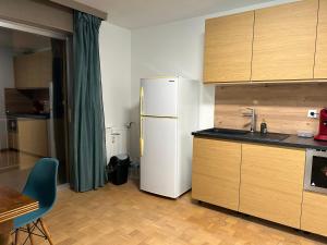 a kitchen with a white refrigerator and wooden cabinets at Apartement Saint Louis Train Station- EuroAirport- Basel in Saint-Louis