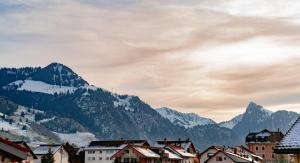 NeirivueにあるGruyère Alpes Appartement 3 chambres BBQ Parkingの雪山を背景にした町 +40枚の写真