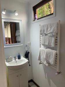 a bathroom with a sink and a mirror and towels at Patagonia Heritage Home in Punta Arenas