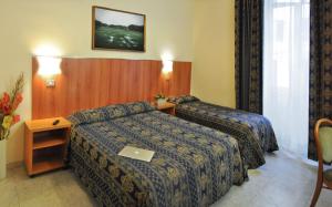 ローマにあるホテル フィオレンザのベッド2台、ノートパソコン1台が備わるホテルルームです。