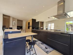 a large kitchen with black cabinets and a counter at Charmant gîte près de Toul avec parking privé et terrasse - FR-1-584-361 in Blénod-lès-Toul