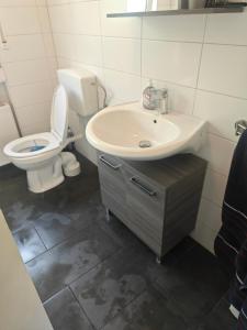 a white bathroom with a toilet and a sink at Work and stay IaM 90 qm 3 Schlafzimmer 6 betten mit Balkon und kraftraum in Plettenberg +22 photos
