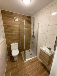 a bathroom with a toilet and a shower and a sink at Riverside in London