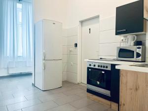 维也纳Budget & Friendly 3BR Shared Apt for 9, Near Augarten的配有冰箱和炉灶的厨房