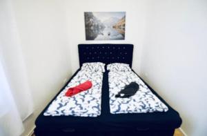维也纳Budget & Friendly 3BR Shared Apt for 9, Near Augarten的一张小床，上面有两只红鞋