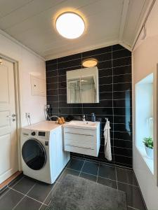 Un baño con lavadora y lavabo. en Sentralt og nyoppusset, en Skien