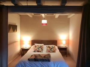 ein Schlafzimmer mit einem Bett mit zwei Lampen auf zwei Tischen in der Unterkunft GOIKO ETXE Refugio Rural in Urdiáin