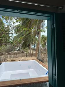 a bath tub in a room with a palm tree at Casa Pé na Areia, Jacuzzi e Natureza in Atins +6 photos