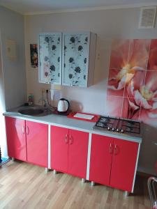 a kitchen with red cabinets and a sink at Центр Апартаменти готель ГРАН in Poltava