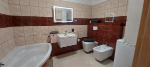 a bathroom with a sink and a toilet and a tub at Apartament przy Stawie in Wrocław +9 photos