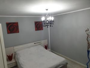 Habitación pequeña con cama y lámpara de araña. en Garsoniera Samoilă, en Petroşani