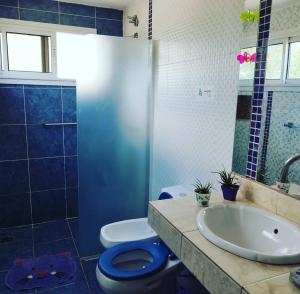a bathroom with a toilet and a sink and a shower at Cabaña Los Pinos in Villa Icho Cruz +52 photos