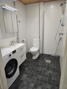 a bathroom with a toilet and a washing machine at Studio Apartment Aurora in Rovaniemi