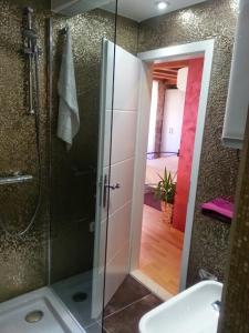 a bathroom with a glass shower and a sink at Studios Aurelia Palace in Split