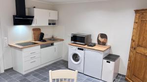 a kitchen with a washing machine and a microwave at Little Cottage Merbeck in Wegberg