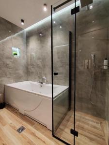 a bathroom with a bath tub and a shower at Meteora Gold and Glass Suites in Kalabaka