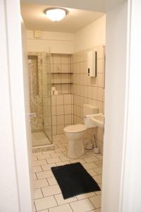 een badkamer met toilet, douche en wastafel bij Apartment auf Schalke in Gelsenkirchen