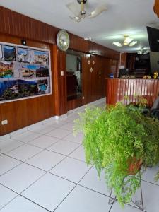a lobby with a clock and a potted plant at Hotel Sideral AQP in Arequipa